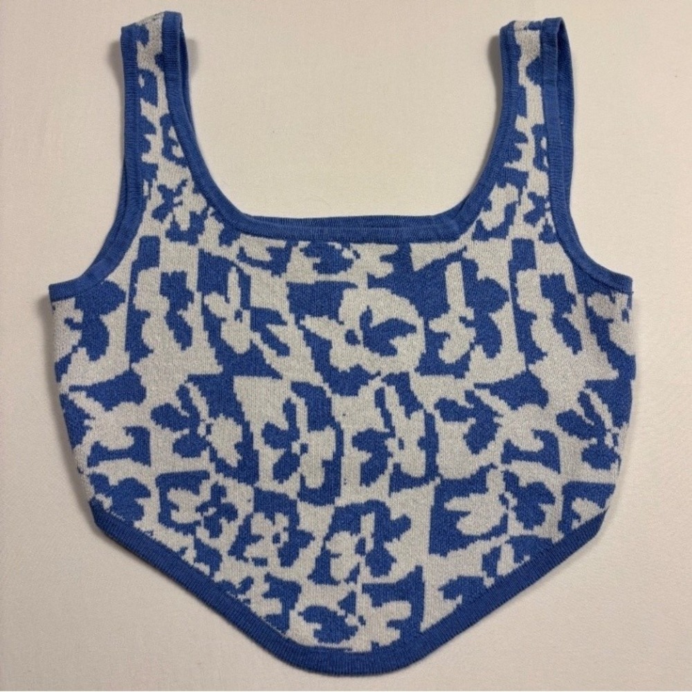 American Eagle Women's Blue White Patterned Knit Cropped Tank Top S Petite